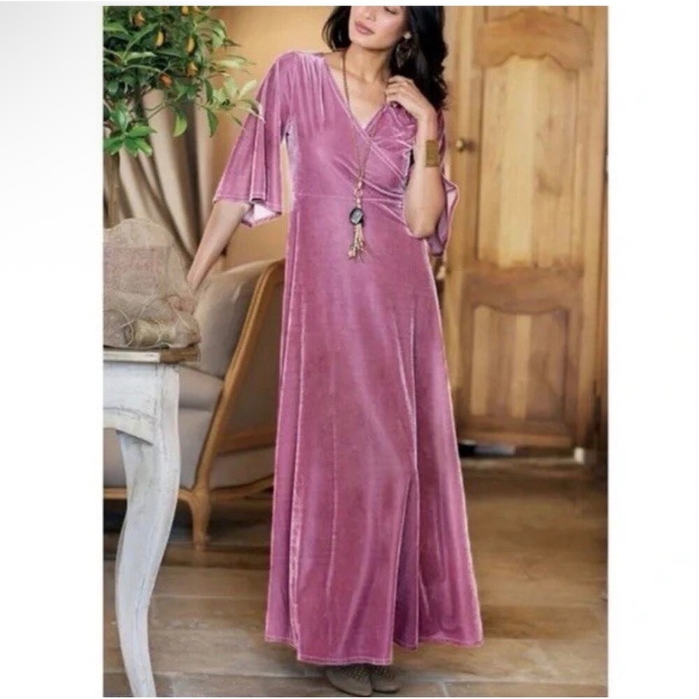 Soft‎ Surroundings Vera Velvet Wrap Maxi Dress Renaissance Rose Sz PXL Holiday